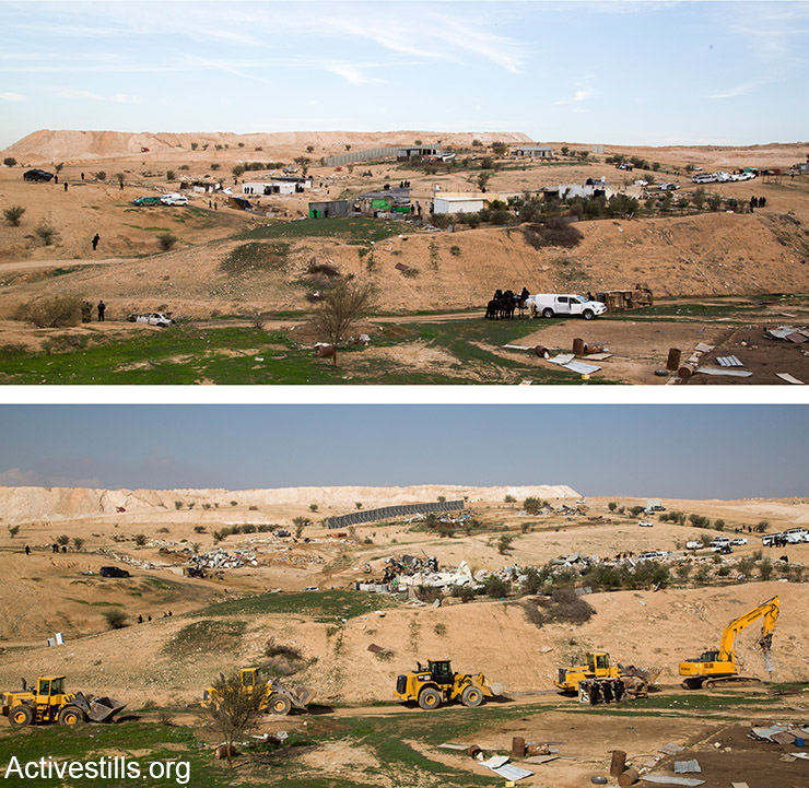 אום אל חיראן- כמה שעות לוקח לשטח כפר? מבט לפני ואחרי ההריסה, 18 בינואר 2017 (קרן מנור/אקטיבסטילס)