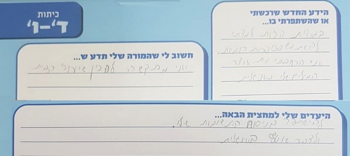 "היעדים שלי למחצית הבאה... שלי הוא להשתפר בניסוח התשובות שלי". תעודת מחצית