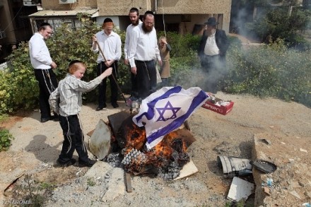 ישראל היא המשך הציונות, וציונות מנוגדת ליהדות. חרדים שורפים דגל (צילום: יעקב נחומי)