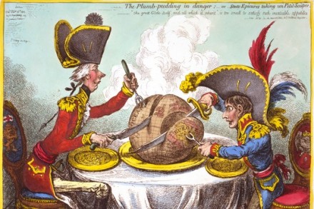 הצרפתים והבריטים מחלקים ביניהם את העולם. קריקטורה מ-1818, מאה שנים לפני סייקס-פיקו. איור של ג'יימס גילריי