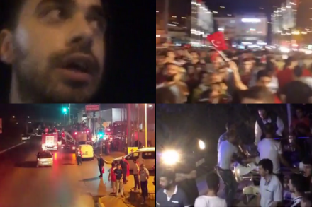 מימין למעלה בכיוון השעון: מפגינים באנקרה, פצועים מפונים באלונקה באיסטנבול, אמבולנסים באנקרה ומפגין שמדווח מכיכר תקסים (צילומי מסך מפייסבוק לייב)
