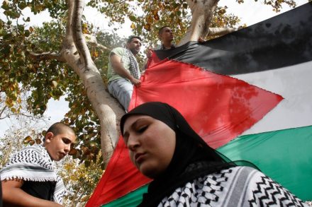 צריך להעצים את הסמלים הלאומיים הפלסטיניים, לא להעלים אותם. אשה נושאת דגל פלסטיני בהפגנת יום האדמה ביפו (צילום: רוני שיצר/פלאש90)