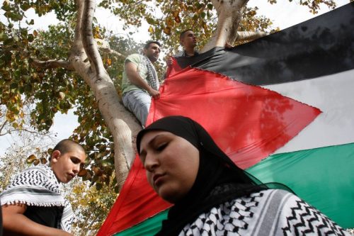 צריך להעצים את הסמלים הלאומיים הפלסטיניים, לא להעלים אותם. אשה נושאת דגל פלסטיני בהפגנת יום האדמה ביפו (צילום: רוני שיצר/פלאש90)
