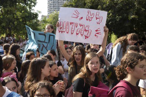 תלמידים מפגינים בבית הספר גבריאלי נגד מעצר וגירוש ילדים (צילום: אורן זיו)